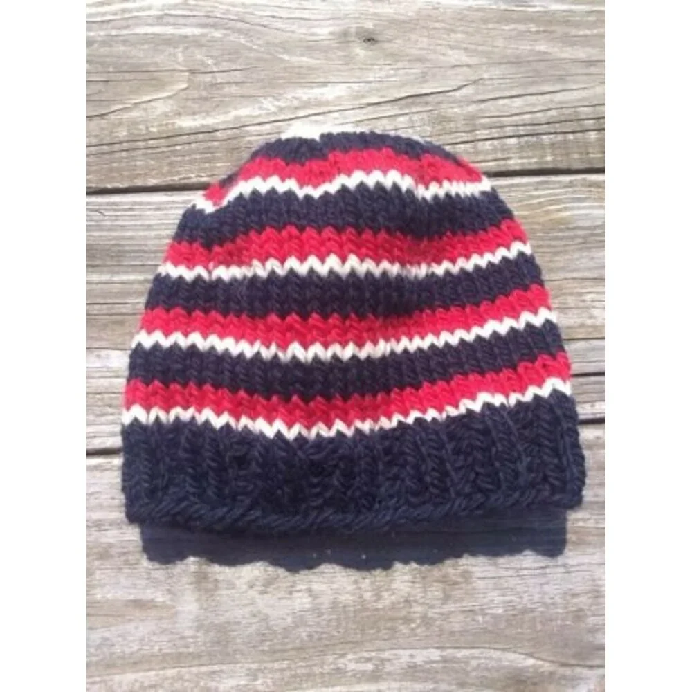 Handmade Mens Beanie Hat Alpaca Wool Cap Soft Chunky Knit Red White Blue USA - Picture 8 of 11